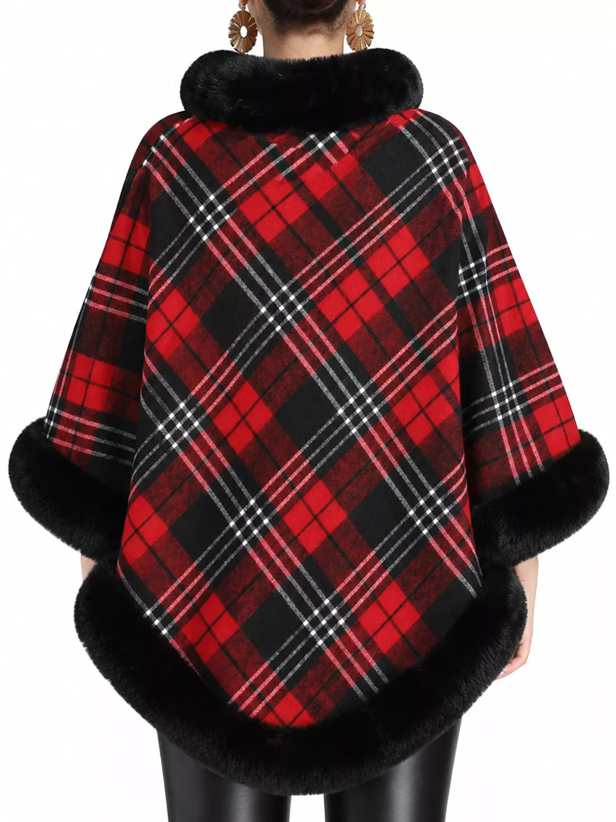 Plaid Faux Fur Trim Poncho Cape