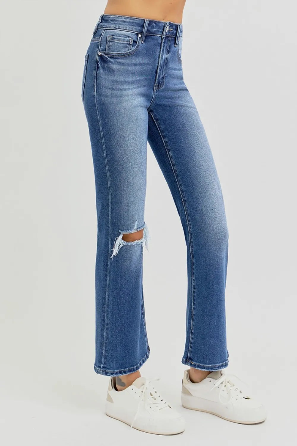 Risen High Rise Distressed Crop Flare Jeans in Dark