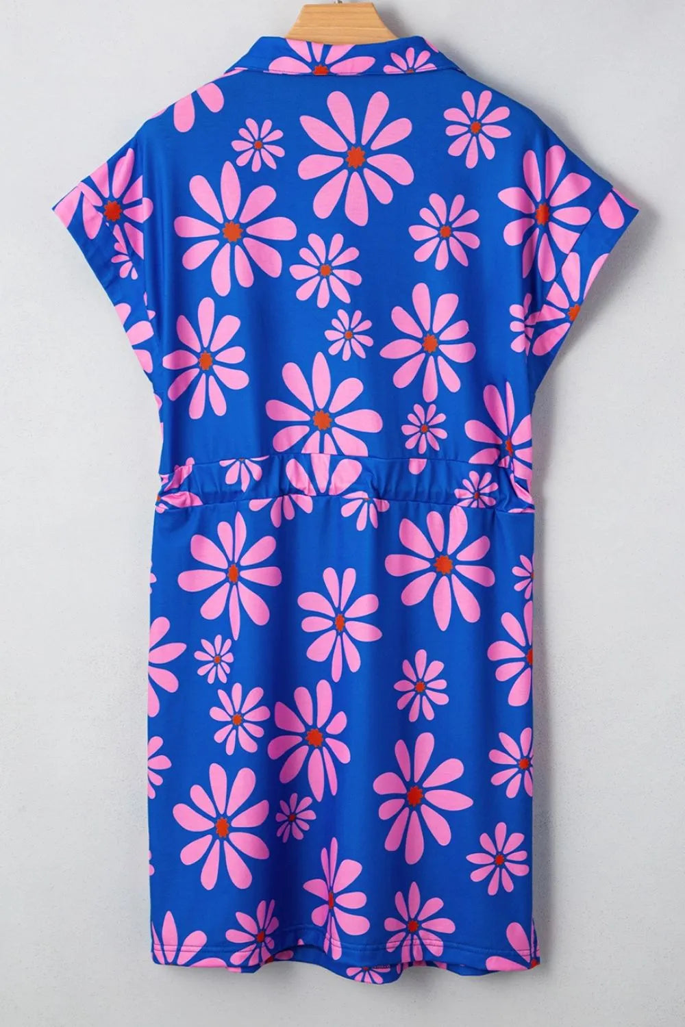 Floral Zip-Collar Drawstring Mini Dress in Blue