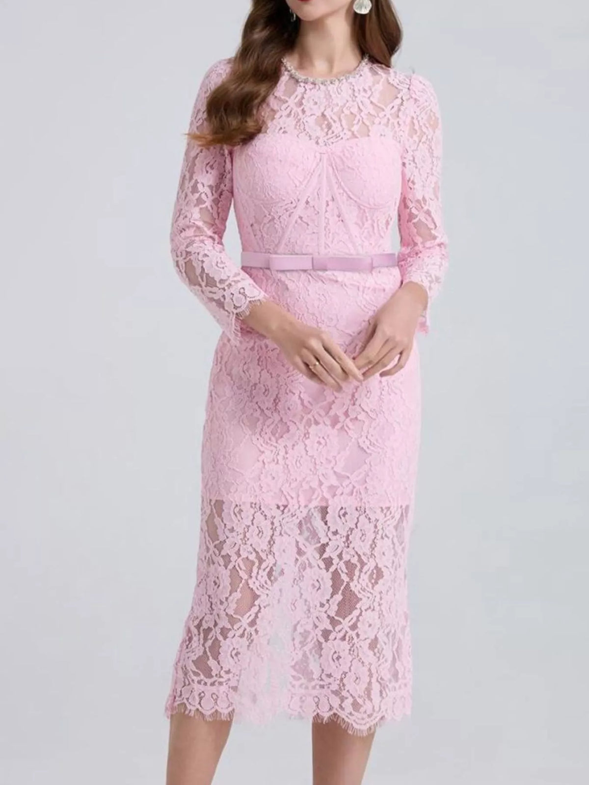 Lace Midi Dress with Long Sleeves and Slit