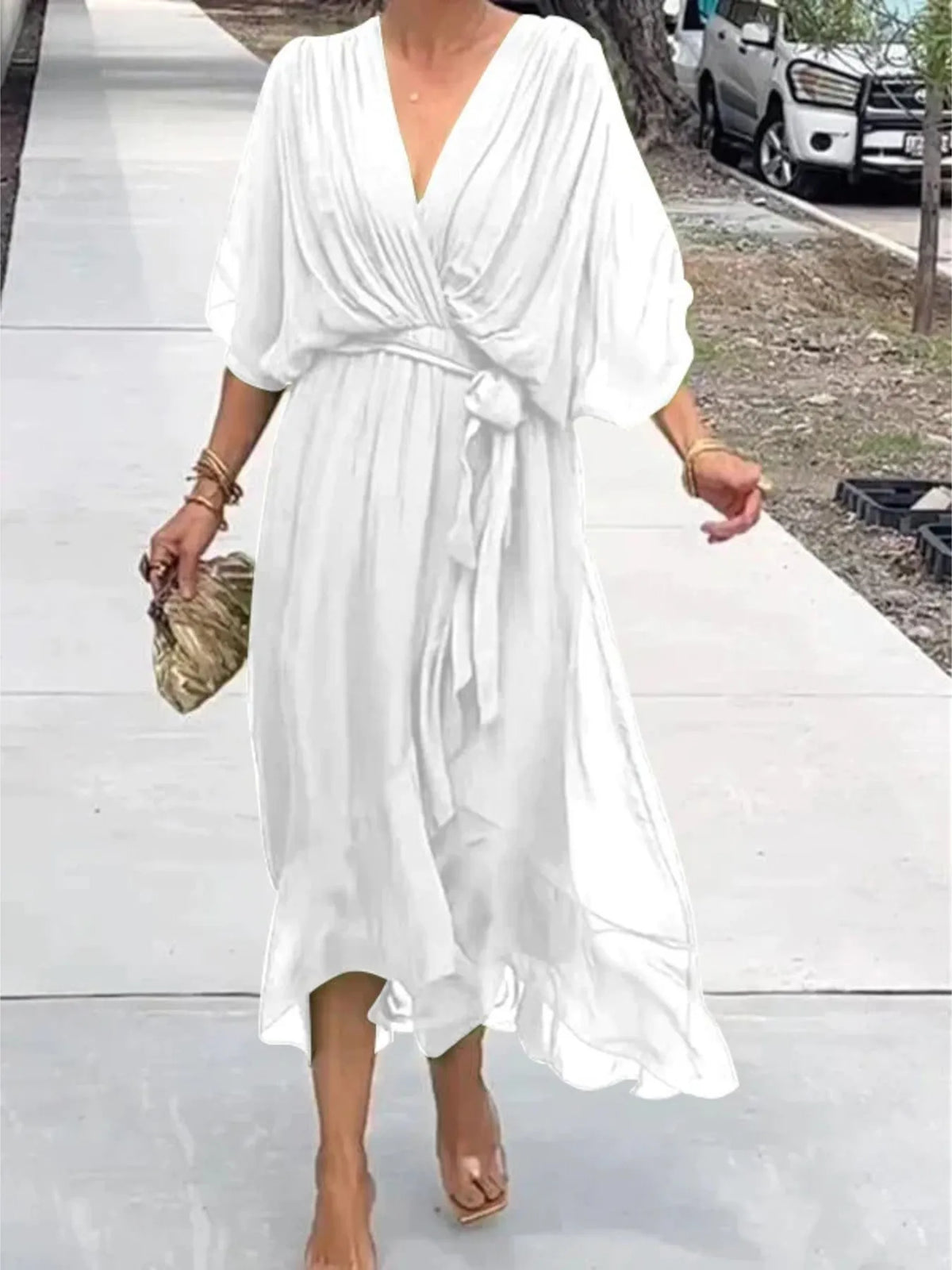 Flowy Tie-Front Midi Dress with Flutter Sleeves