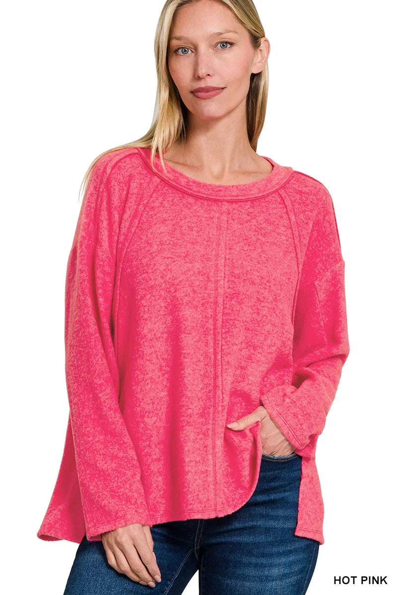 Zenana Brushed Hacci Exposed Seam Hi-Low Sweater in Hot Pink