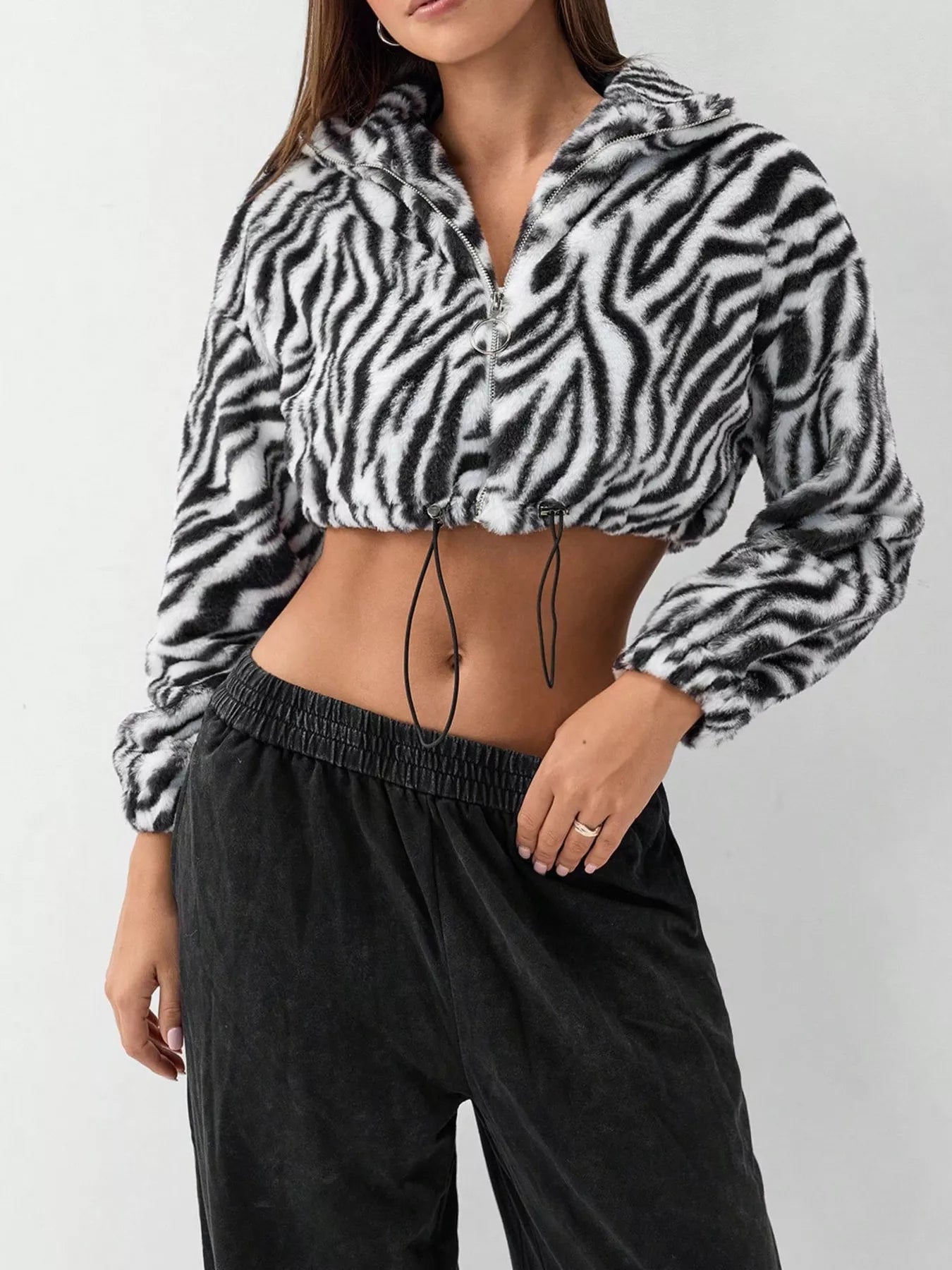 Zebra Print Plush Cropped Jacket in Black