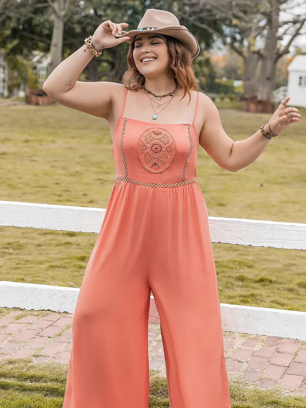 Lace Detail Wide Leg Jumpsuit in Orange