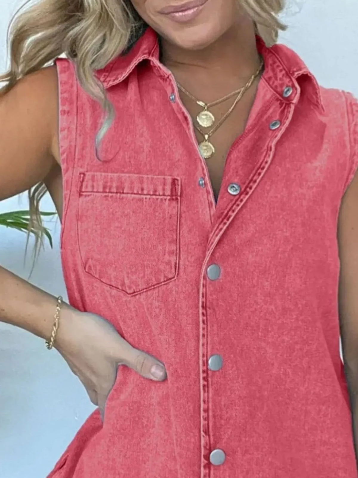 Button-Front Sleeveless Denim Romper