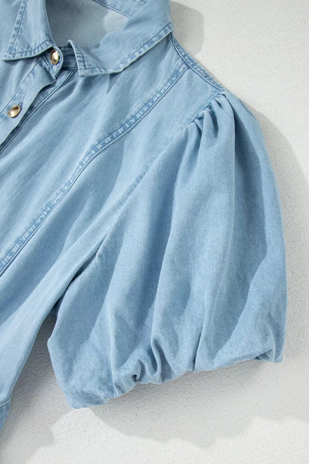 Collared Bubble Sleeve Denim Dress in Light Blue