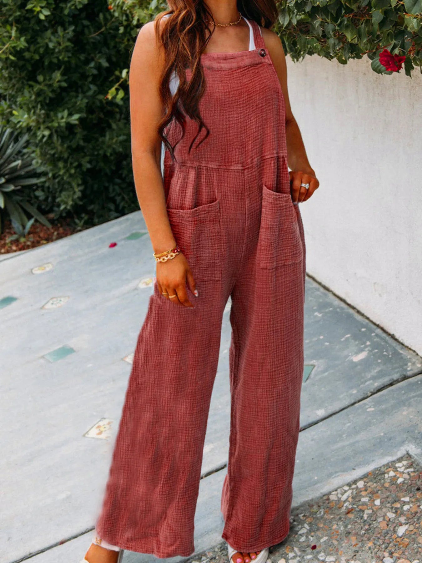 Textured Wide Leg Overalls