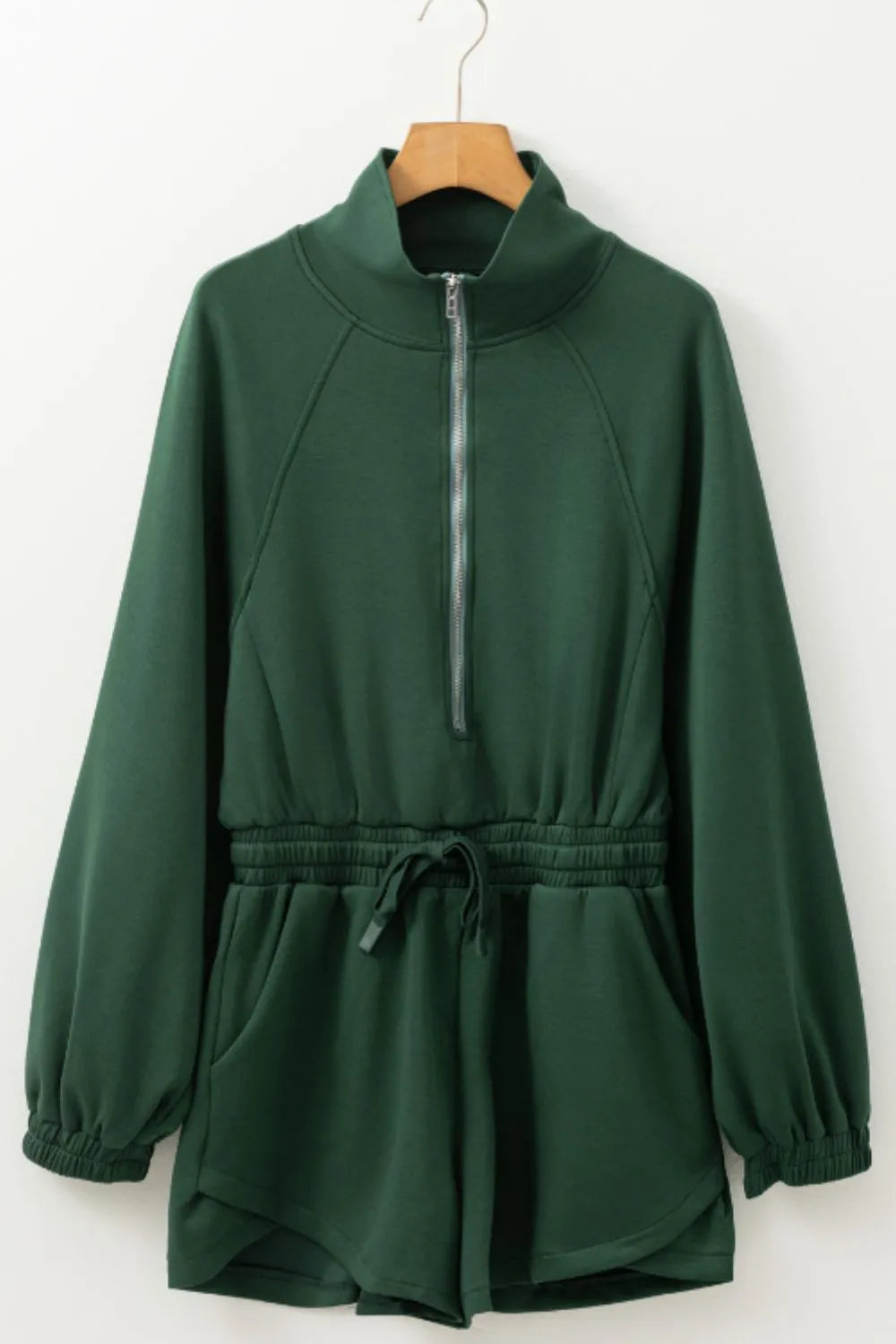 Drawstring Half-Zip Long Sleeve Romper in Dark Green