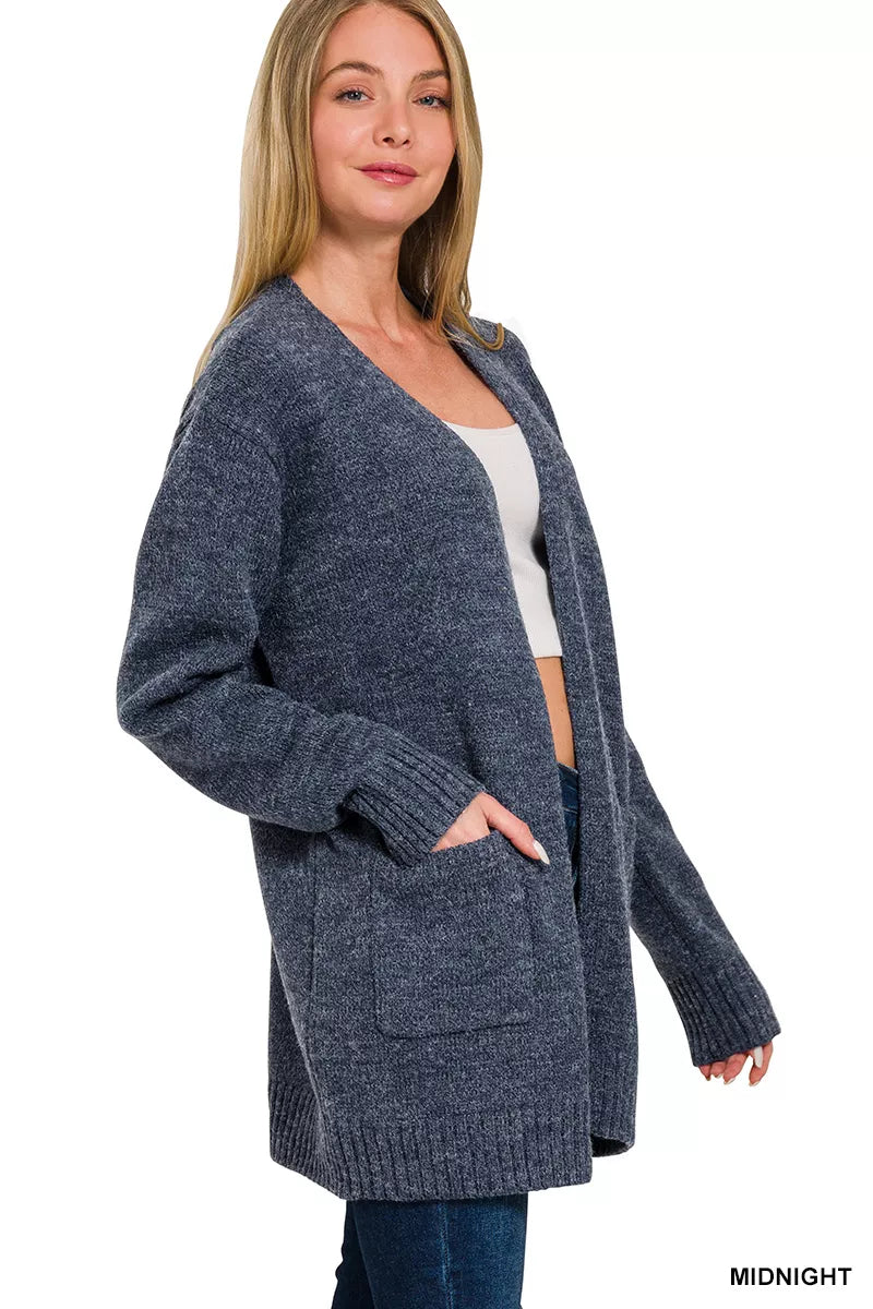 Zenana Open Front Sweater Cardigan in Midnight