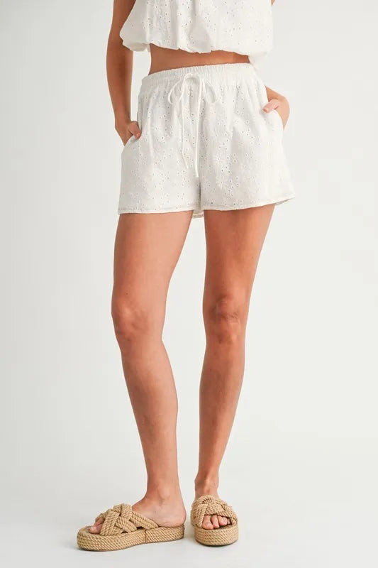 Eyelet Bubble Hem Top and Shorts Set in Off White