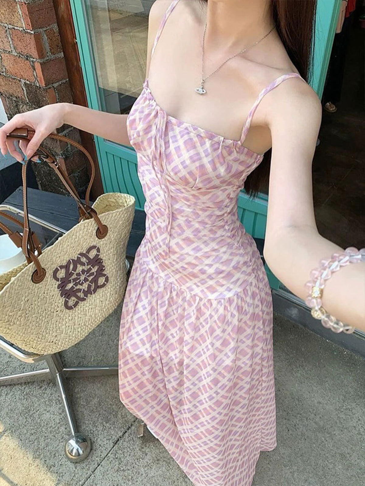 Plaid Spaghetti Strap Maxi Dress in Pink