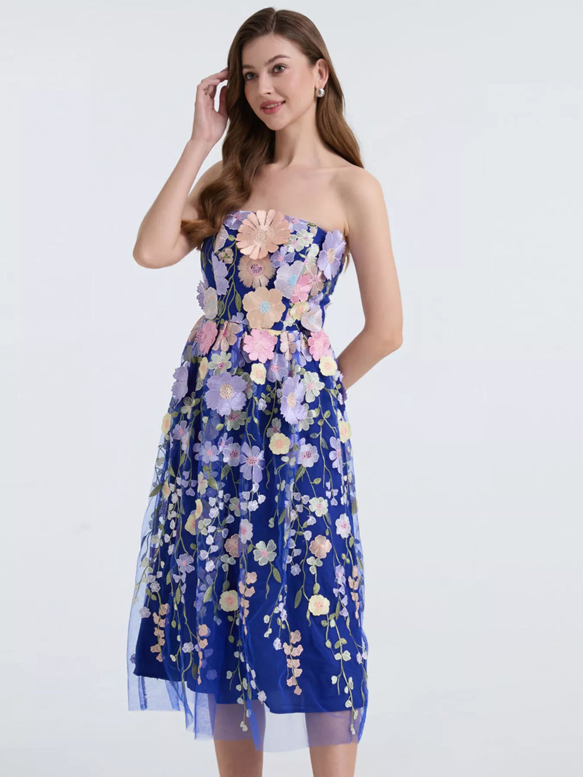 Floral Applique Strapless Midi Dress, Lined