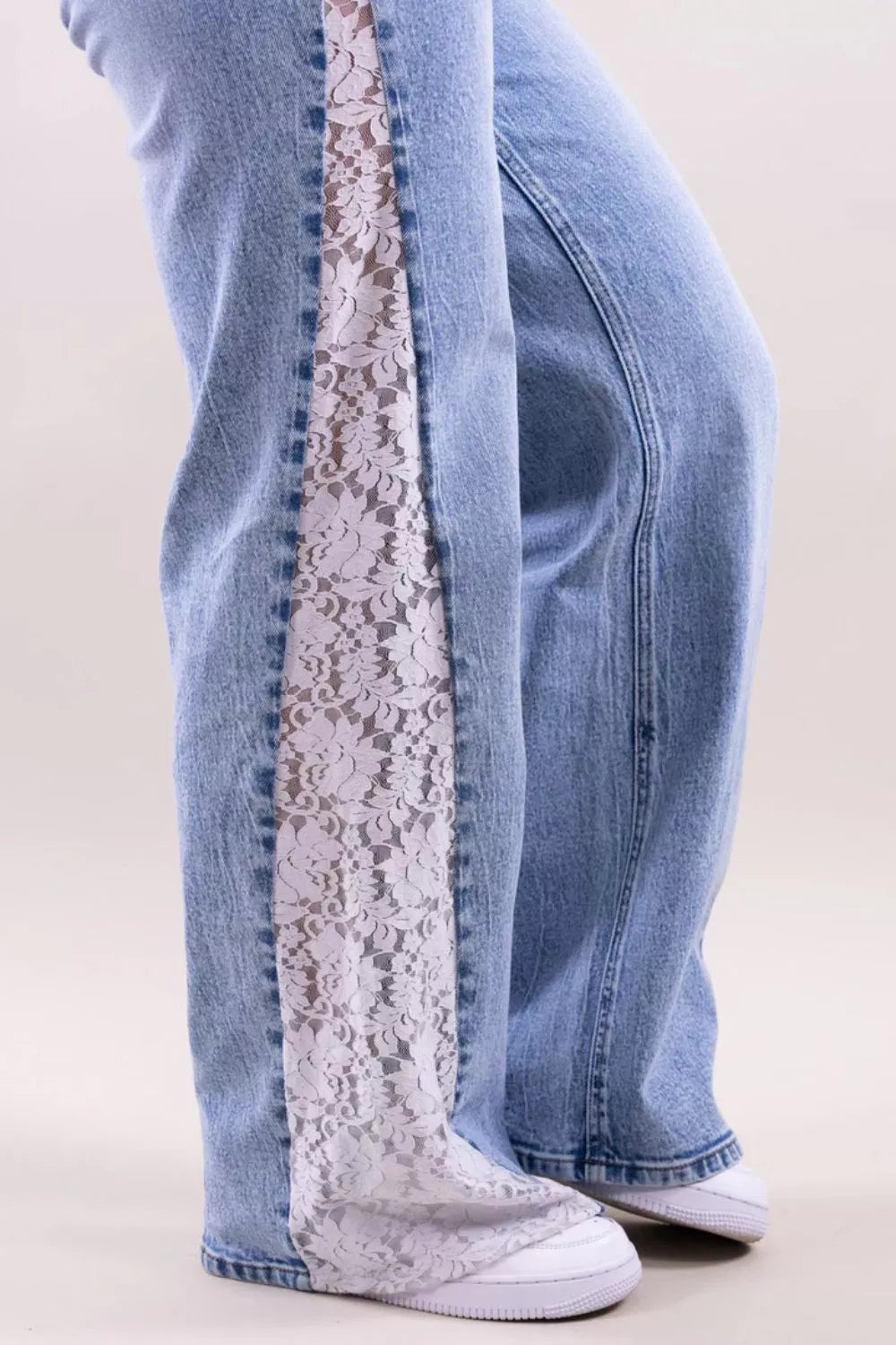 Lace-Paneled Wide-Leg Jeans in Light