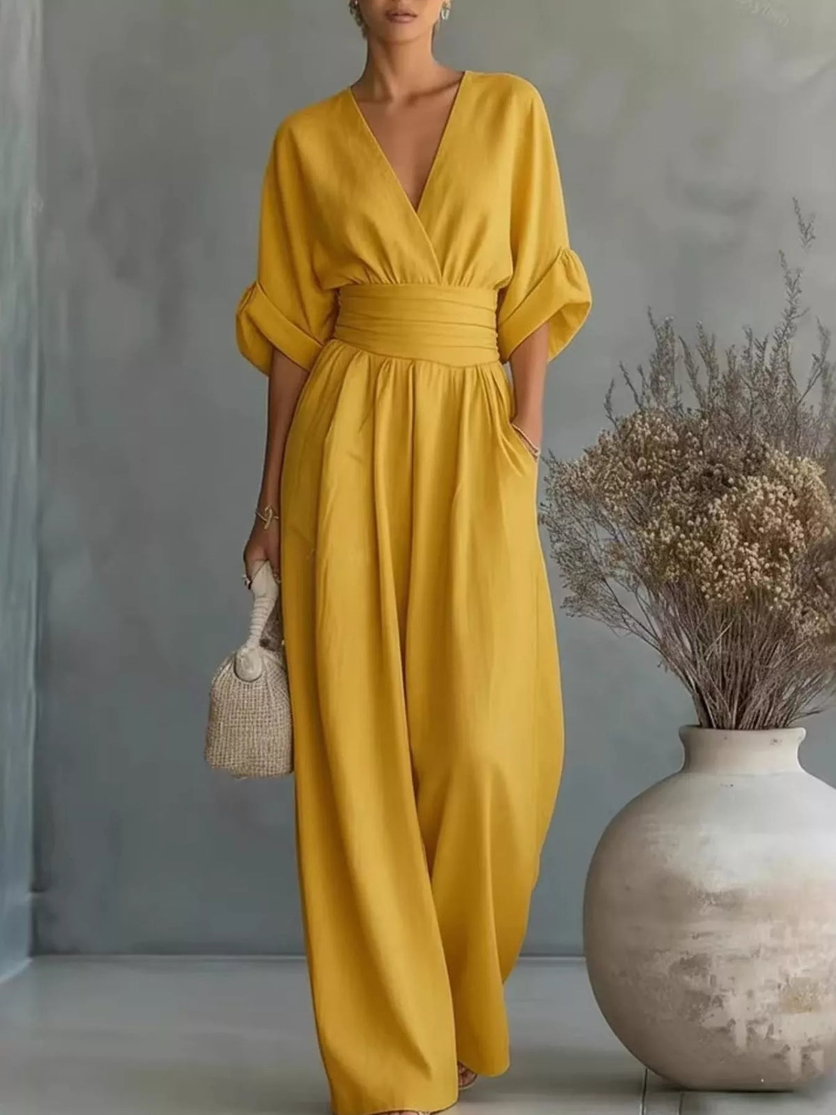Ruched Half Sleeve Wide-Leg Jumpsuit