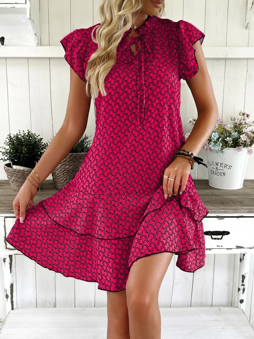 Ruffled Layered Printed Mini Dress by Sara Roman