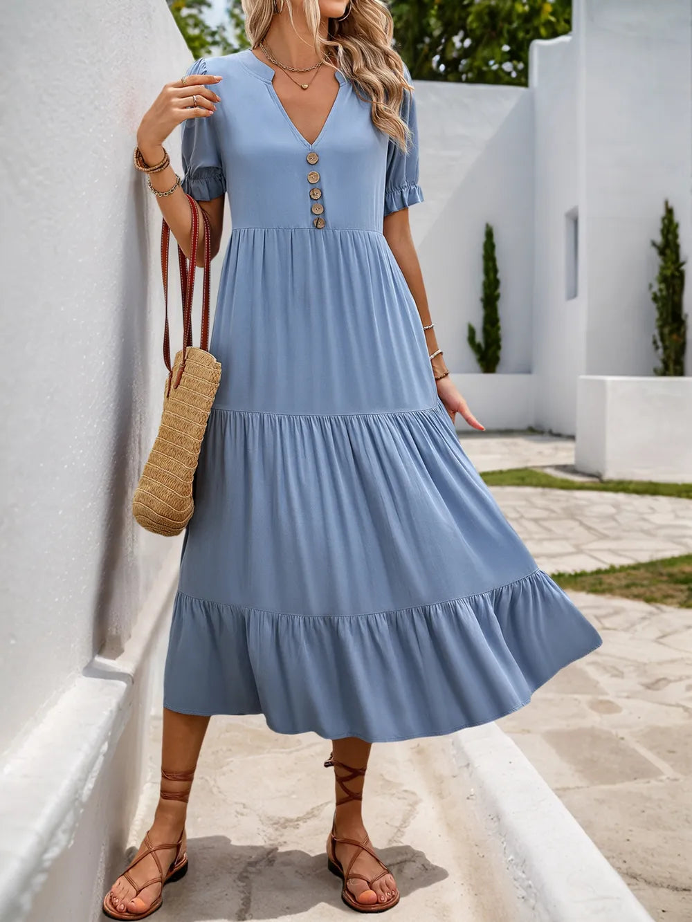 Notched Tiered Midi Dress in Light Blue
