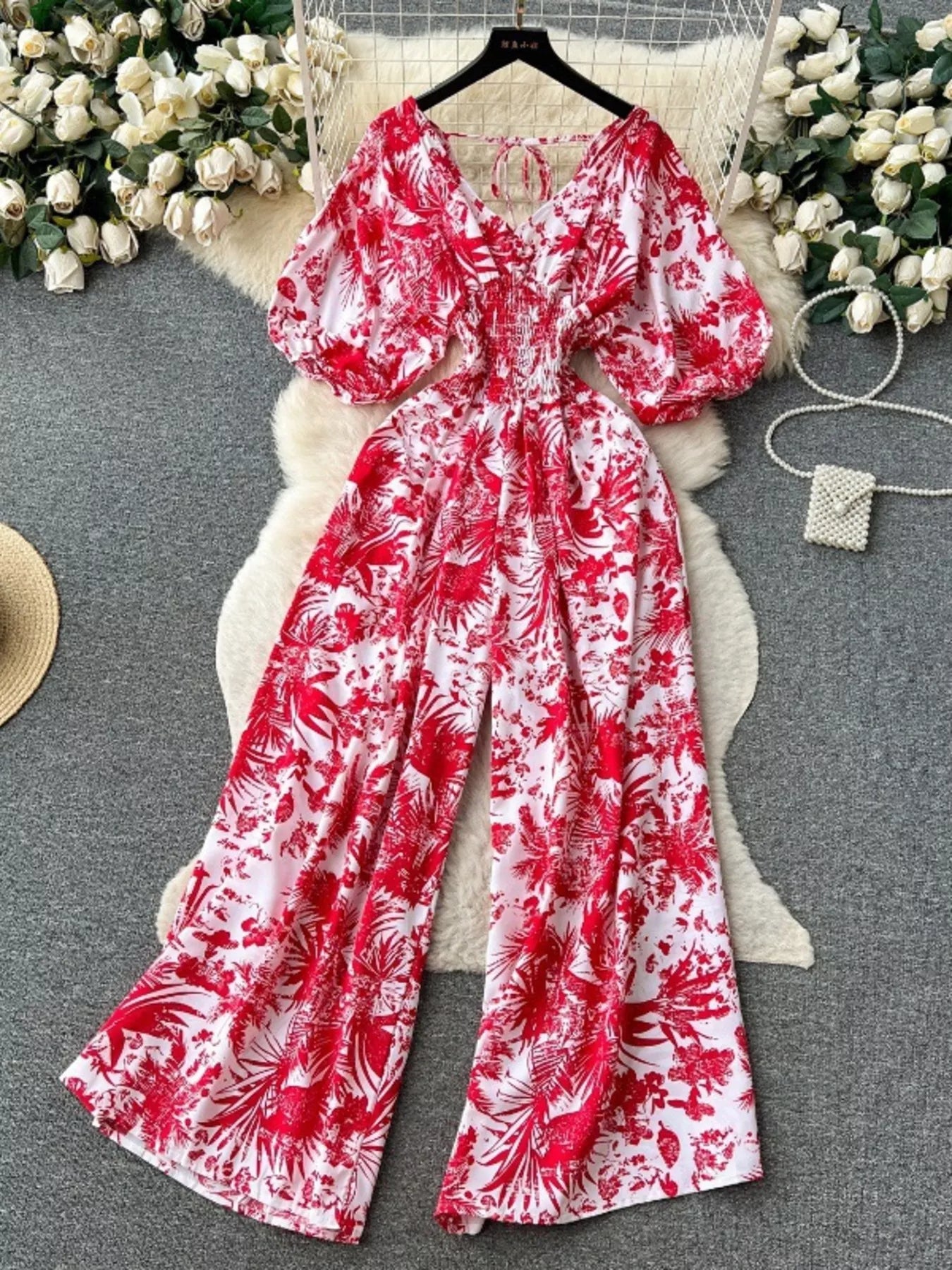 Smocked V-Neck Wide Leg Jumpsuit