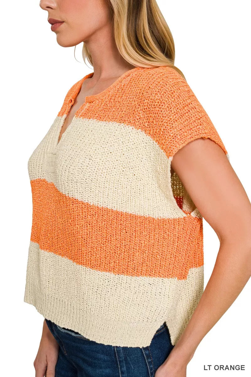 Zenana Split Neck Sleeveless Stripe Sweater in Light Orange in Lt orange