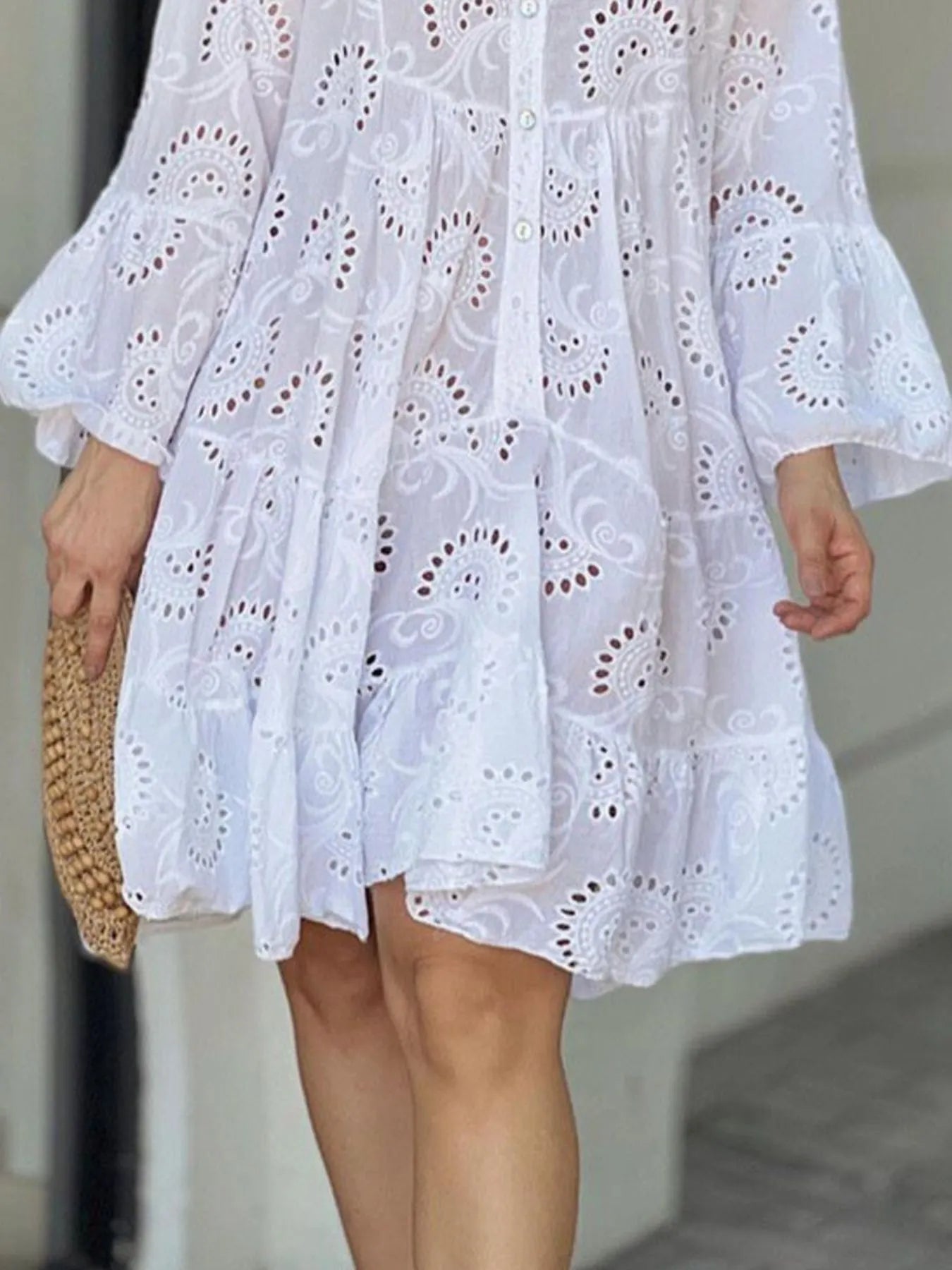 Eyelet V-Neck Tiered Ruffle Dress
