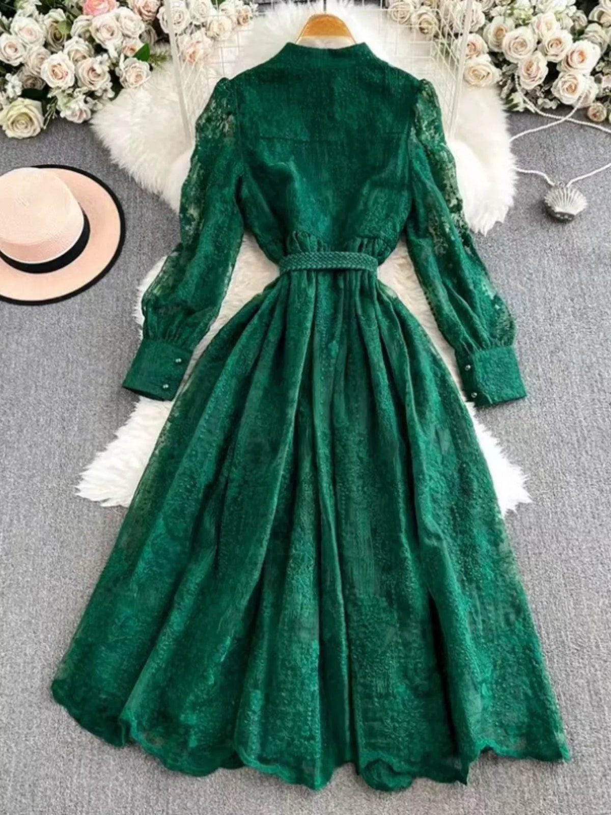 Lace Tie-Waist Long Sleeve Dress