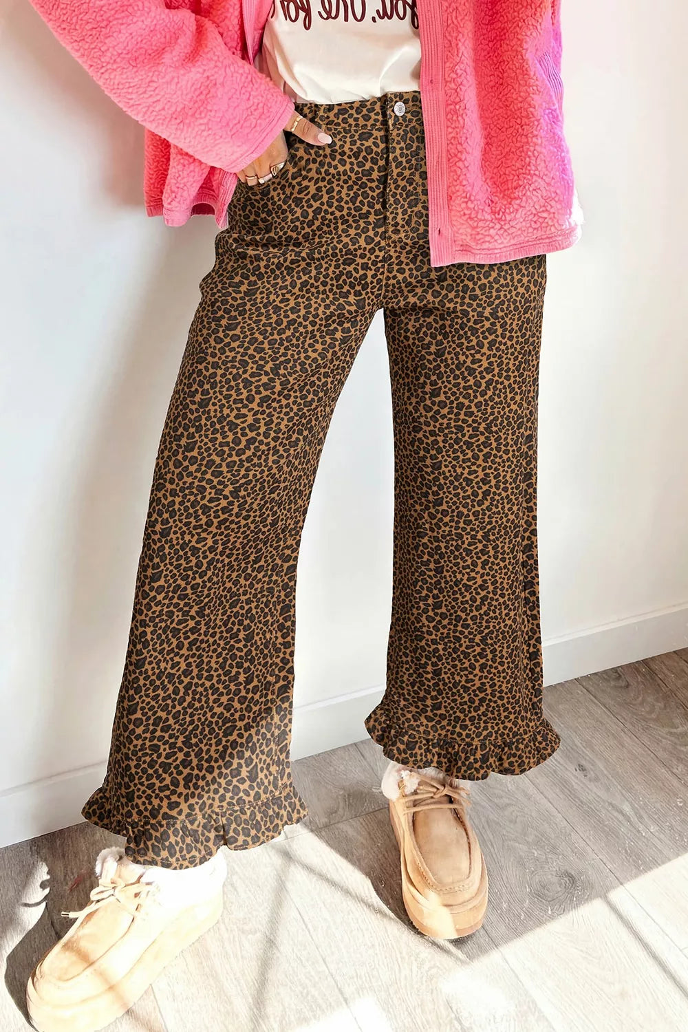 Leopard Print Ruffled Hem Jeans in Dark Brown
