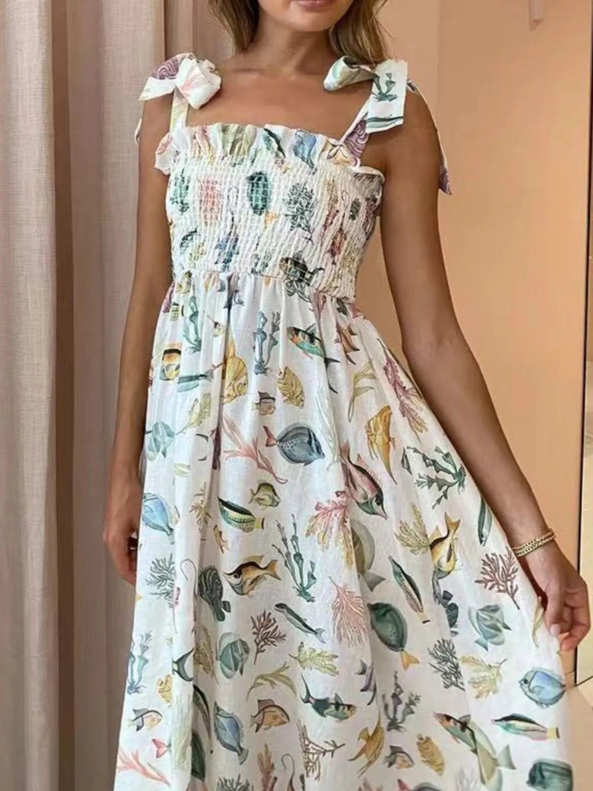 Floral Tie-Shoulder Smocked Dress in White