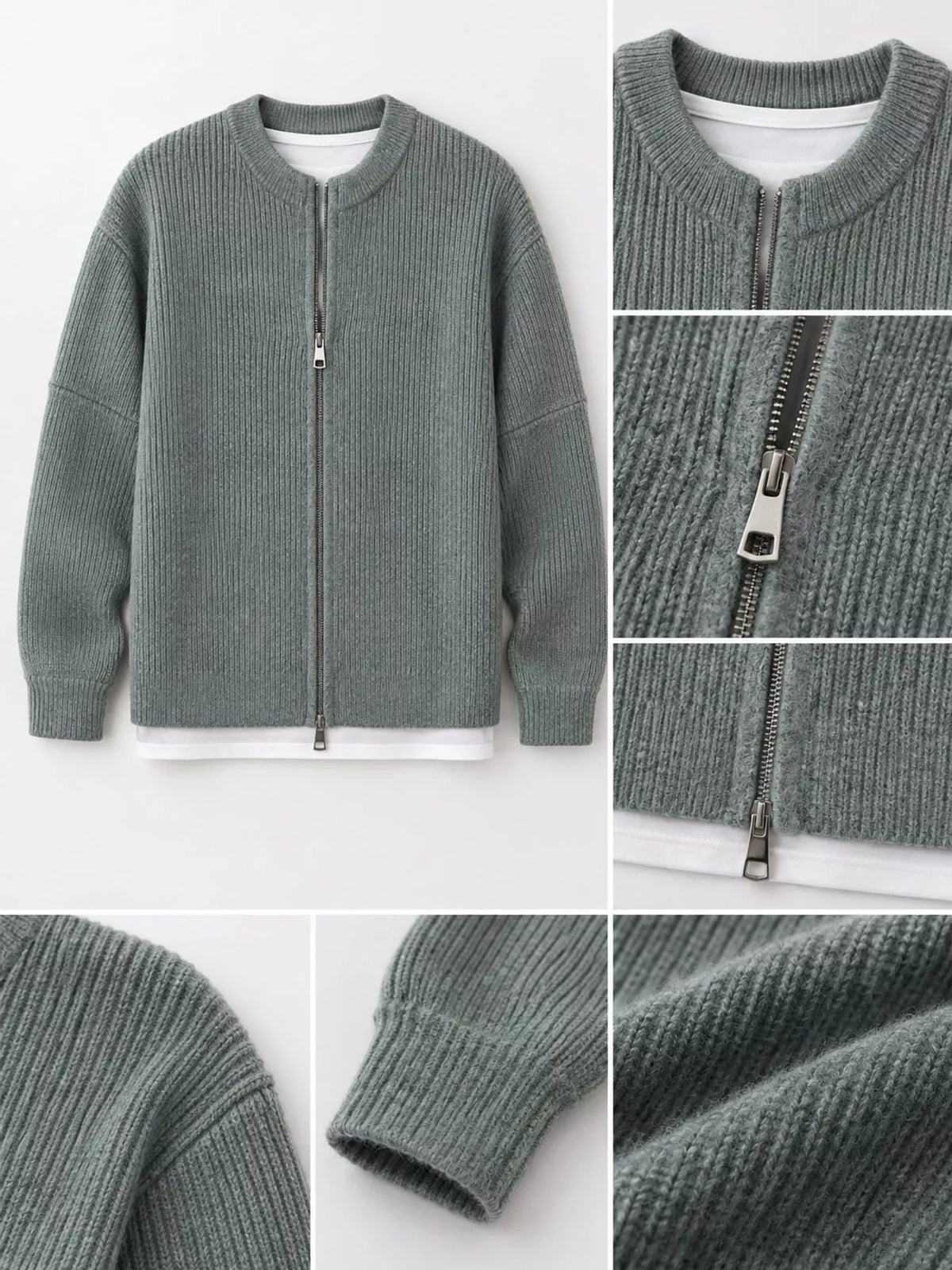 Zip-Up Dropped Shoulder Ribbed Cardigan