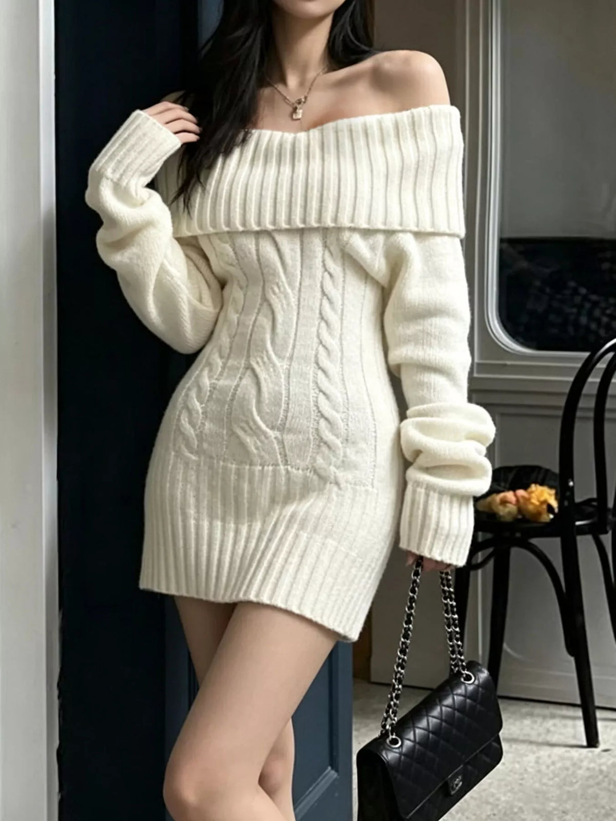 Off-Shoulder Cable Knit Sweater Dress in White