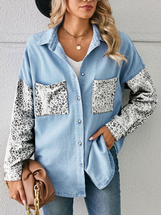 Leopard Patchwork Button-Up Shirt in Light Blue by Moni Wear