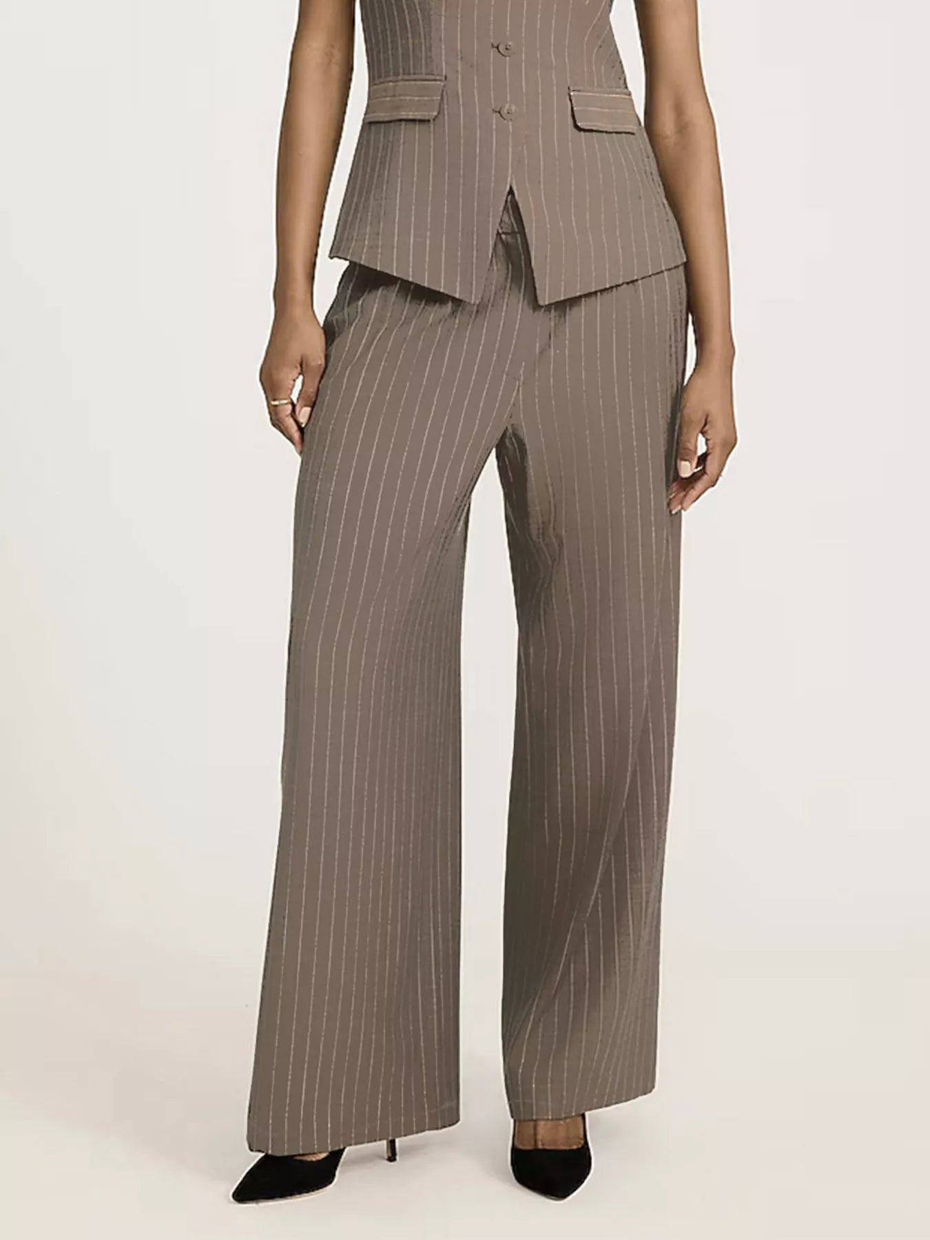 Striped Wide Leg Pants in Beige
