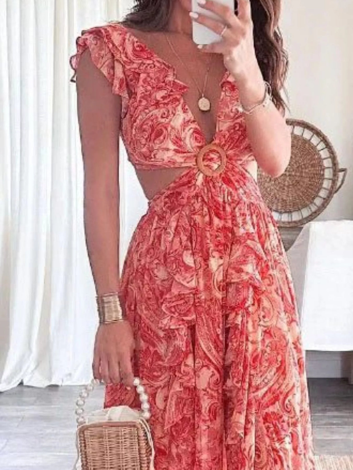 Ruffled Cutout V-Neck Maxi Dress