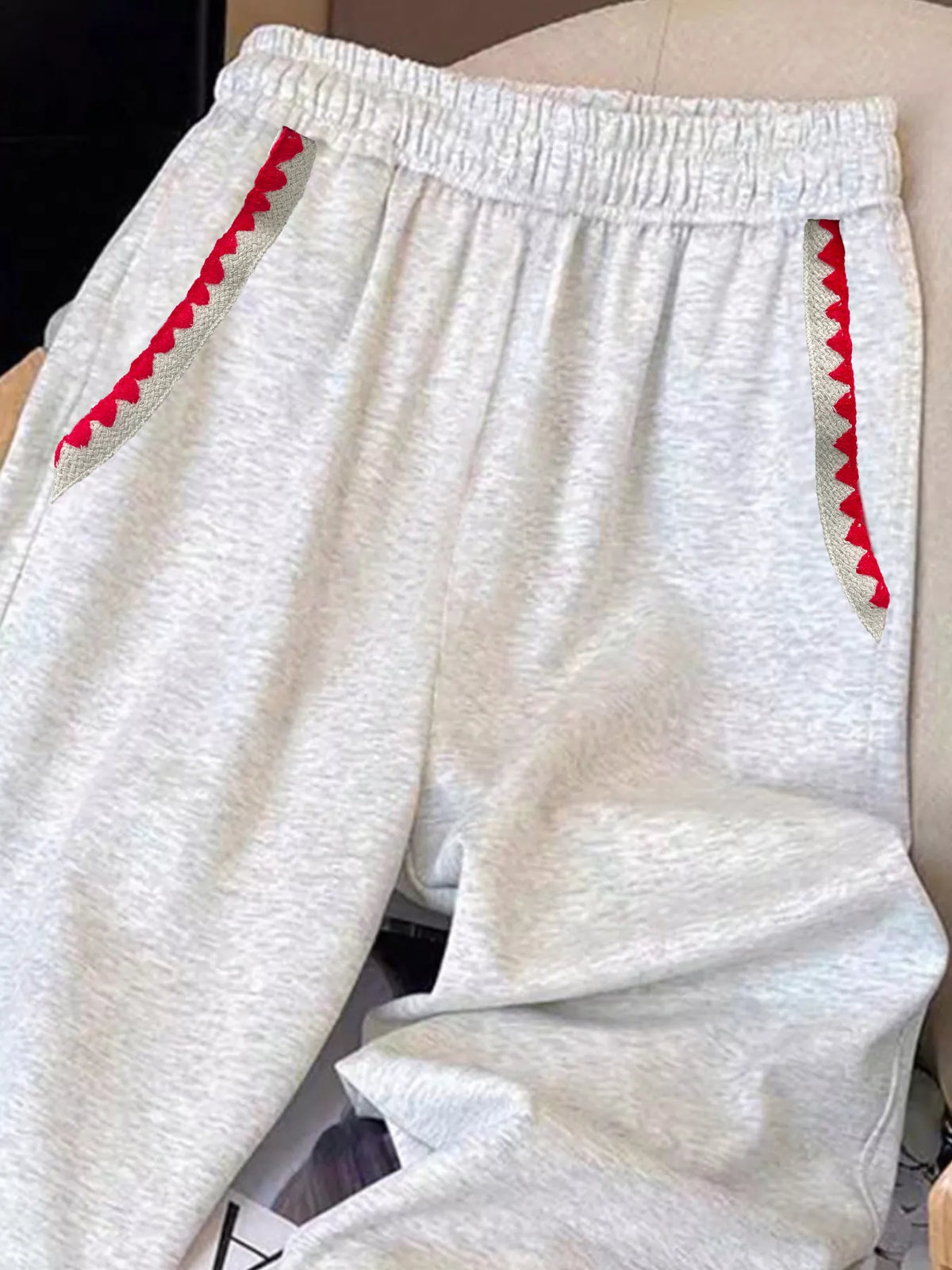 Embroidered Trim Pants in Gray and White in Gray/white
