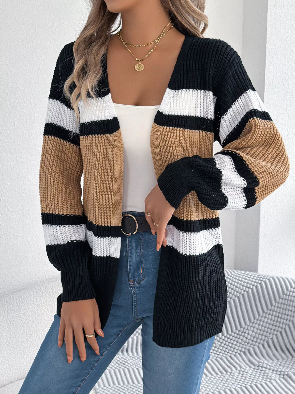 Color Block Open Front Knit Cardigan by Clise