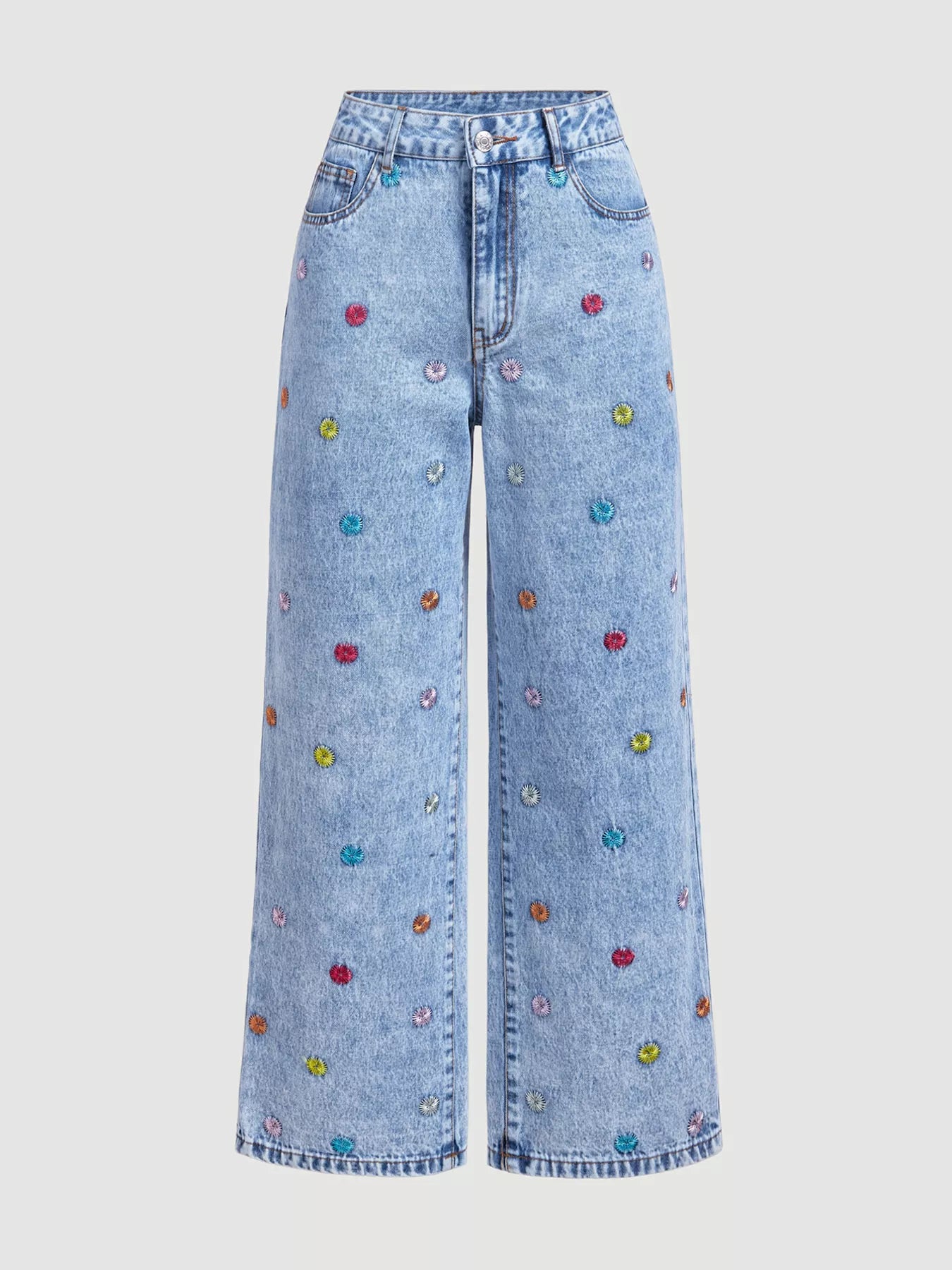 Embroidered High-Waisted Wide-Leg Jeans in Blue