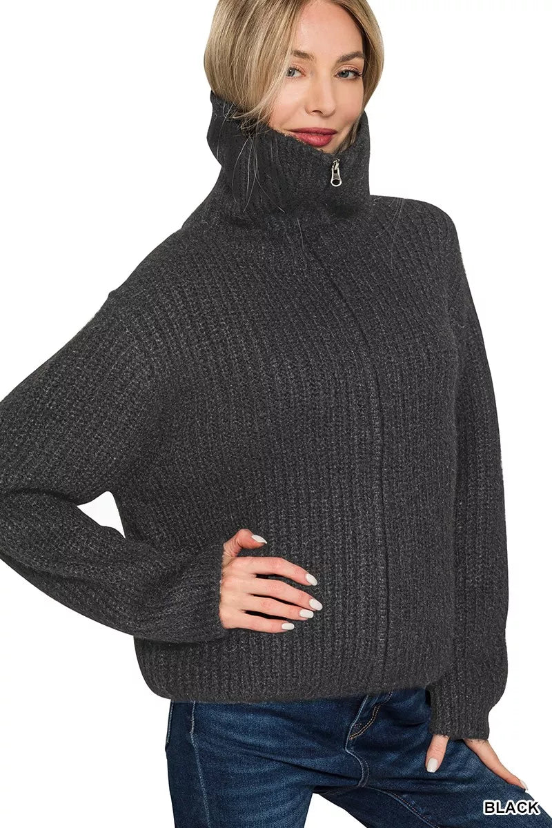 Zenana High Neck Full-Zip Cardigan in Black