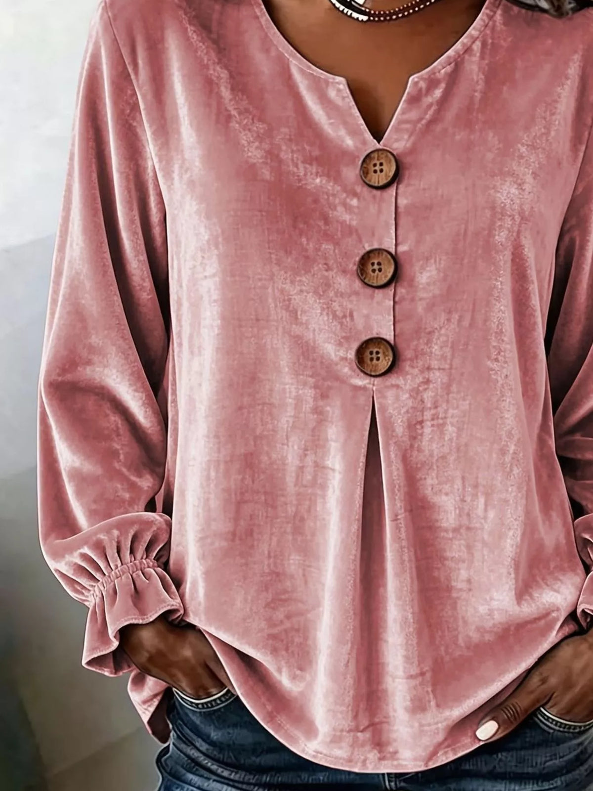 Velvet Button Decor Blouse with Ruffled Cuffs