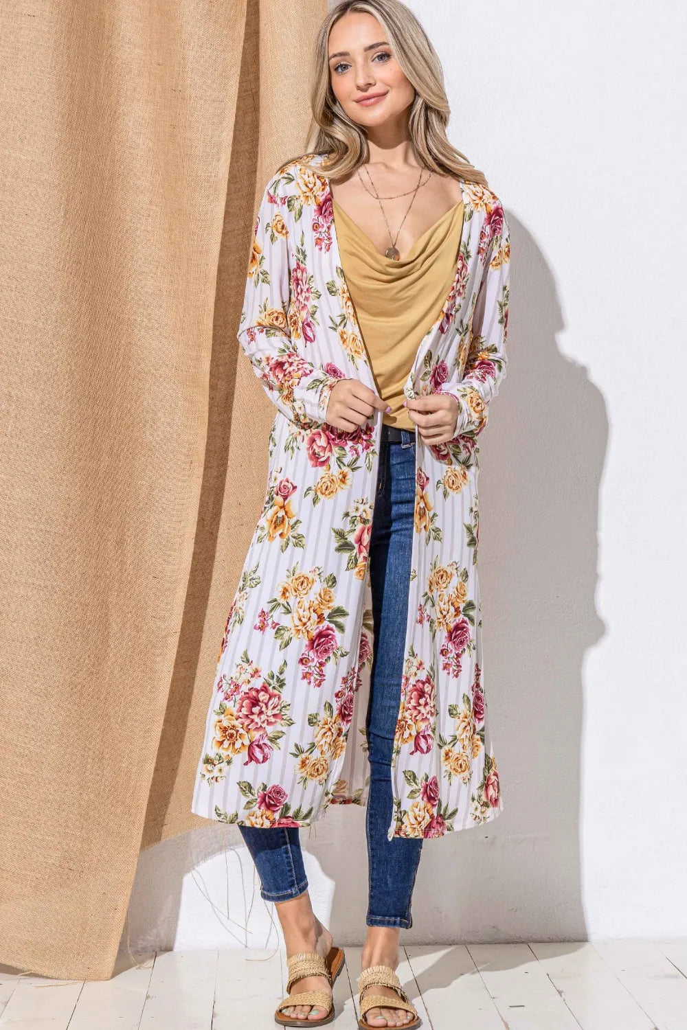 And The Why Floral Kimono Cardigan in Burgundy Stripe