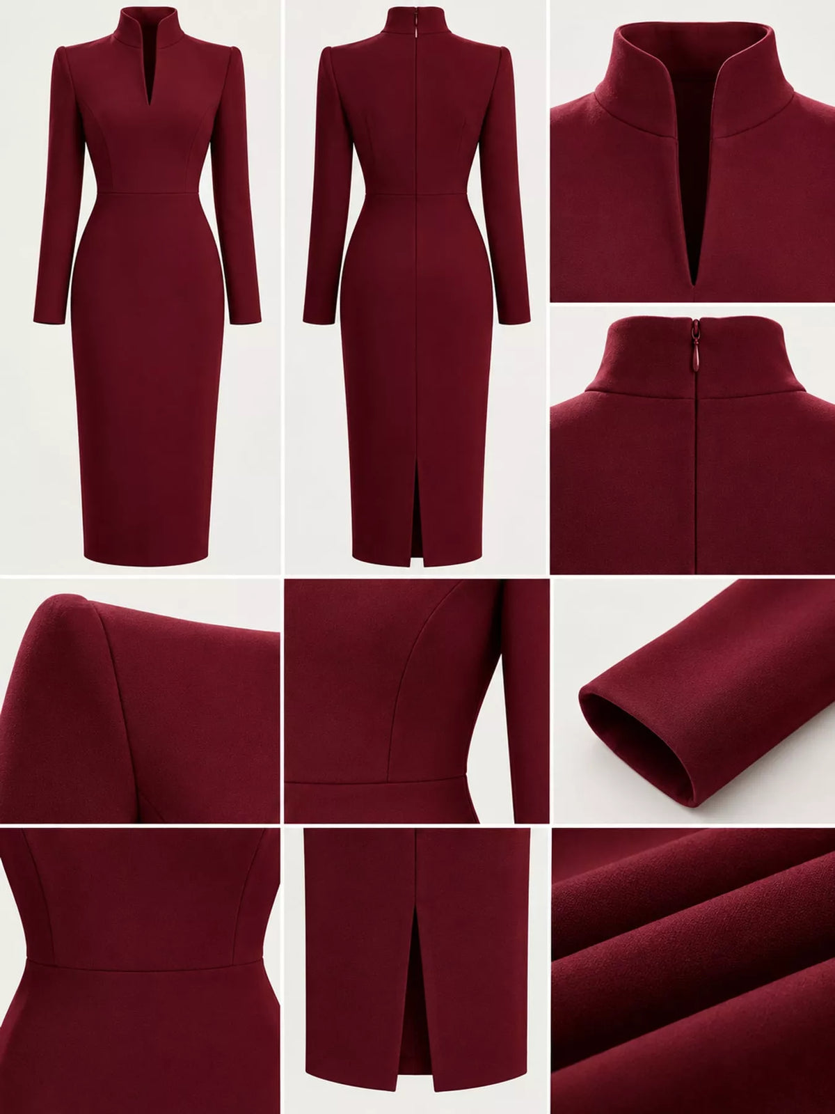 Plus Size Stand-Collar Long-Sleeve Midi Dress