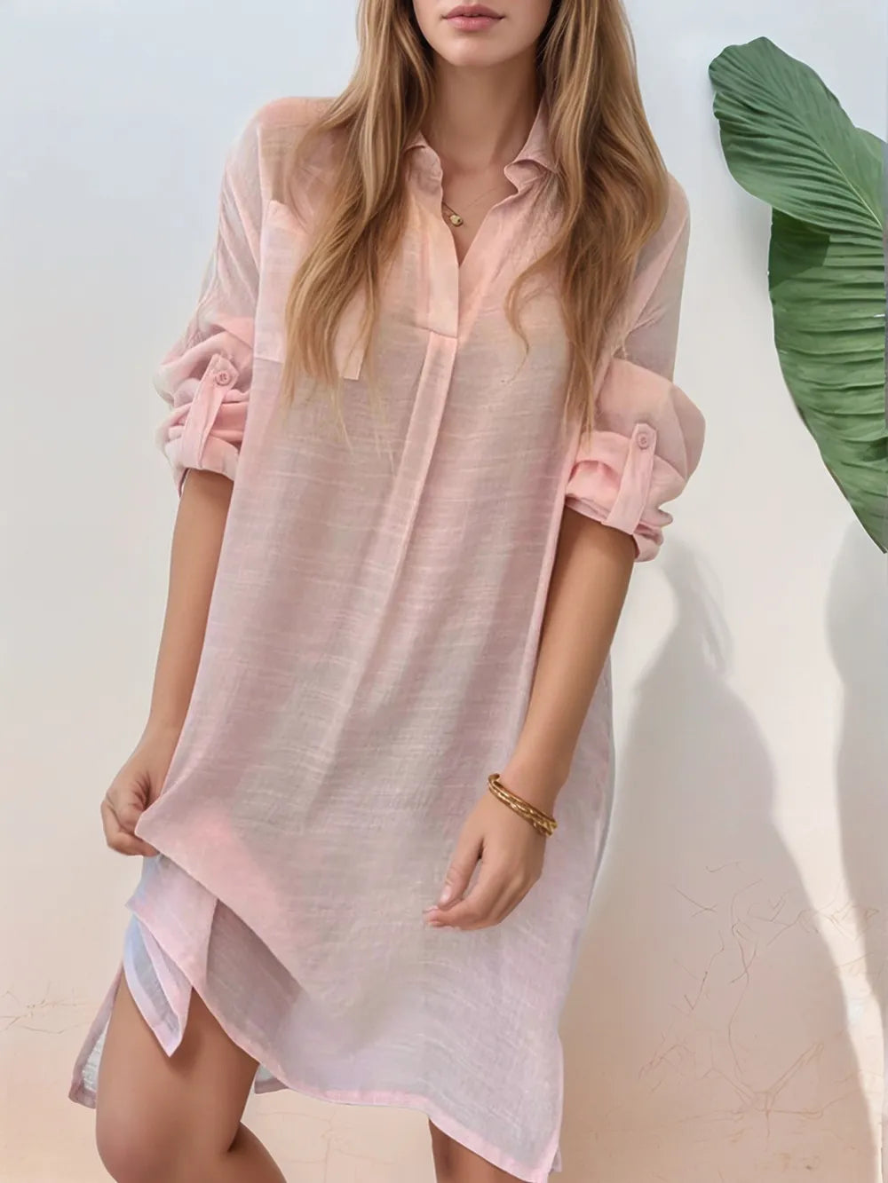 Roll-Tab Sleeve Mini Shirt Dress, Plus Size