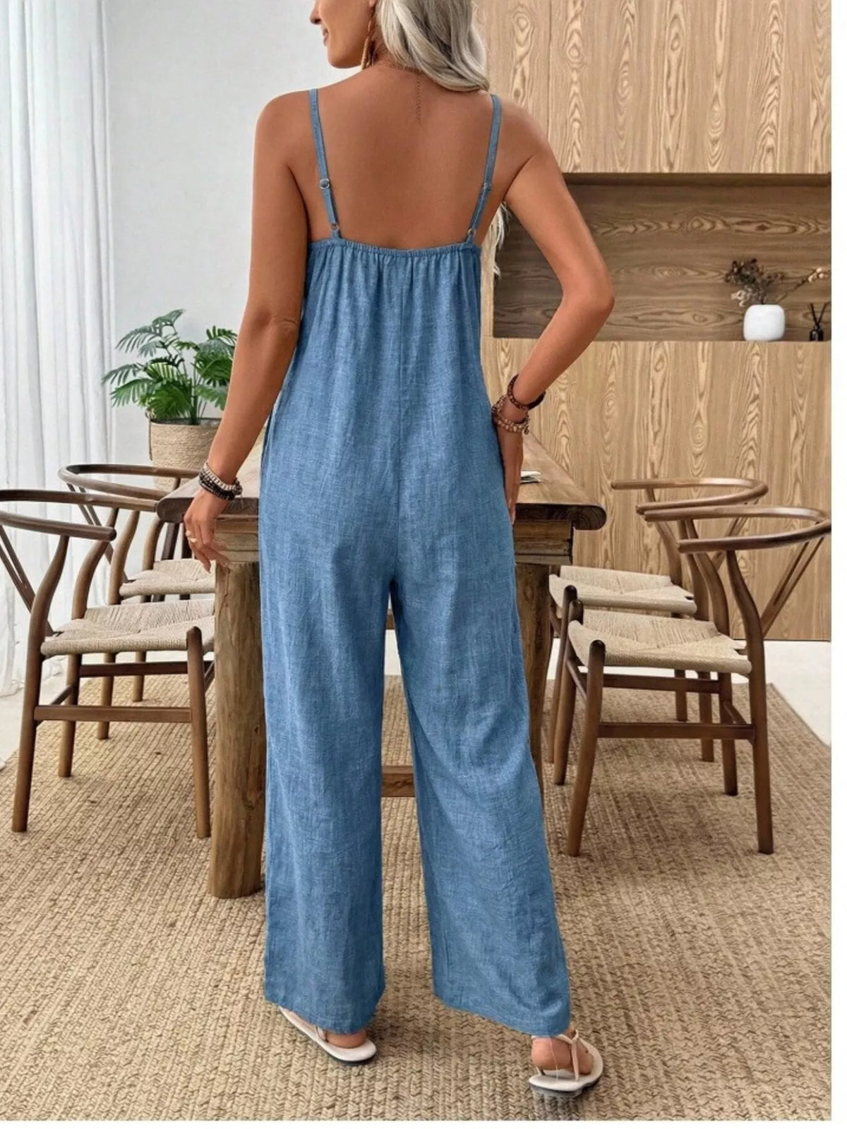 Spaghetti Strap Wide Leg Jumpsuit in Dusty Blue
