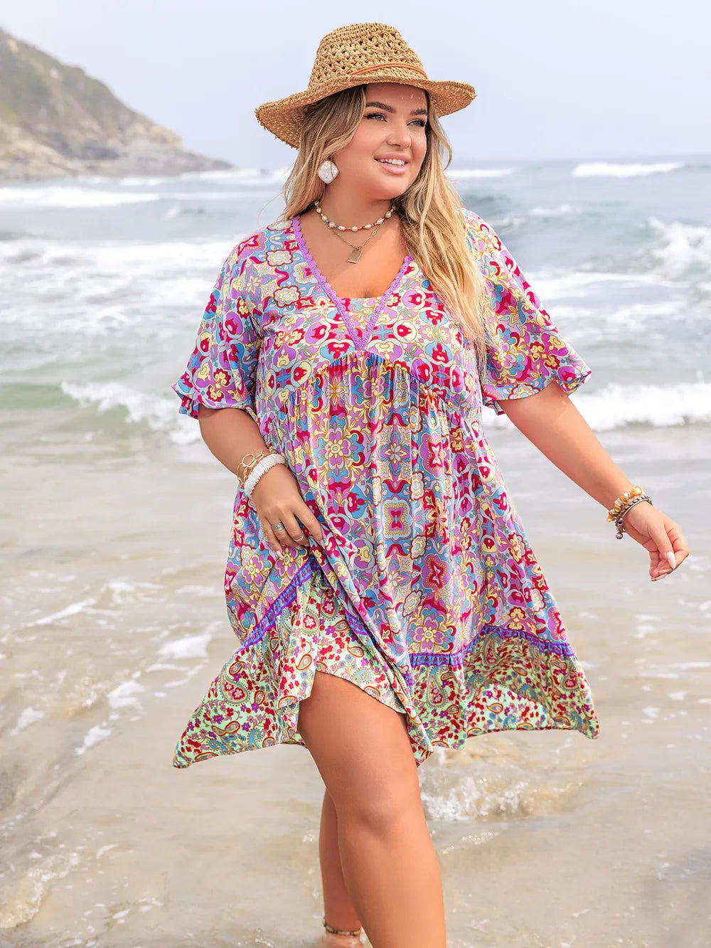 Lace Detail Printed Half Sleeve Dress in Heliotrope Purple