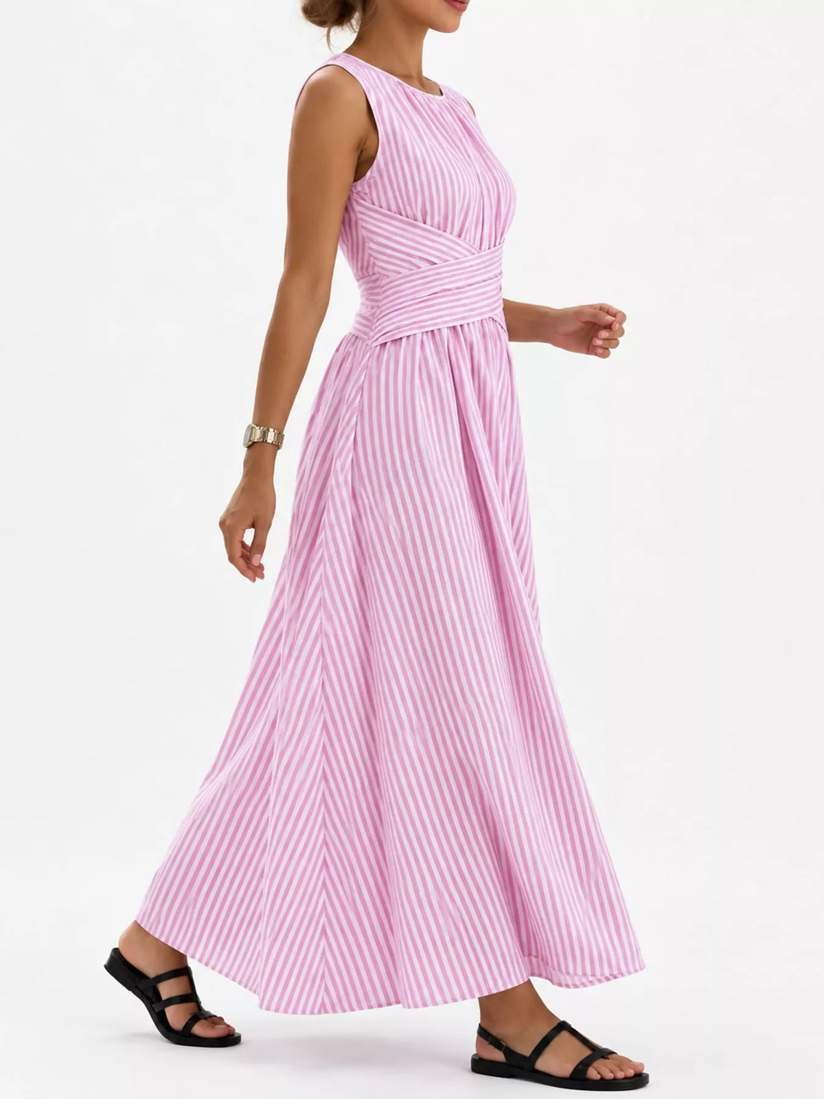 Sleeveless Striped Maxi Dress with Criss-Cross Waist