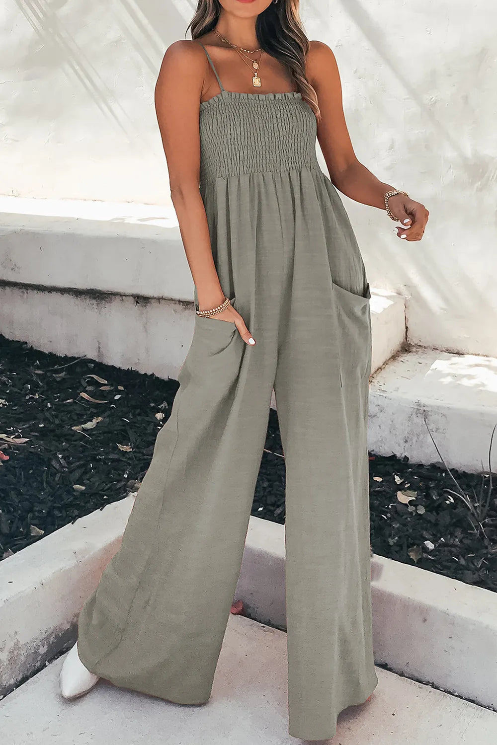 Smocked Spaghetti-Strap Wide-Leg Jumpsuit