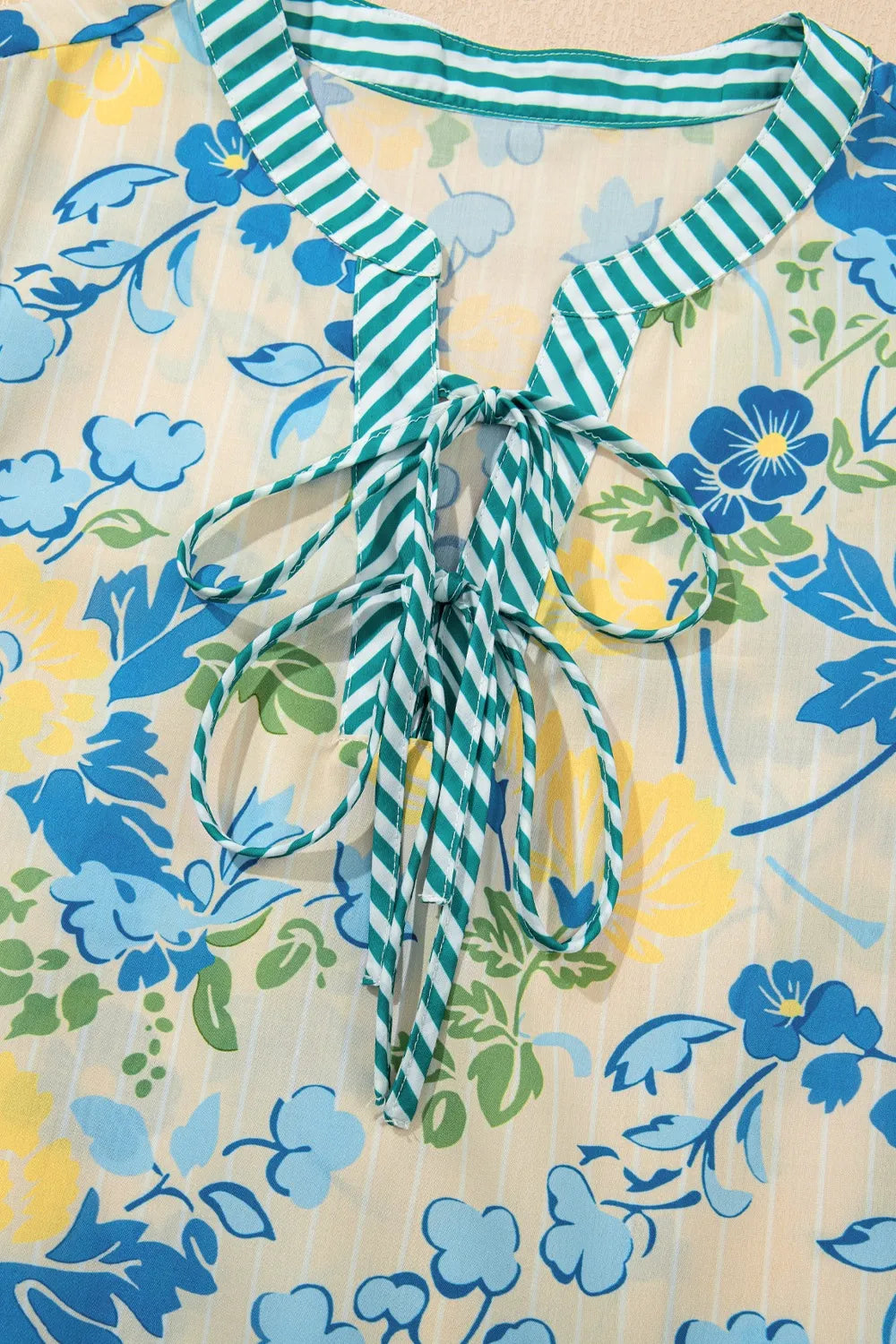 Floral Striped Trim Puff Short Sleeve Dress in Pastel Yellow