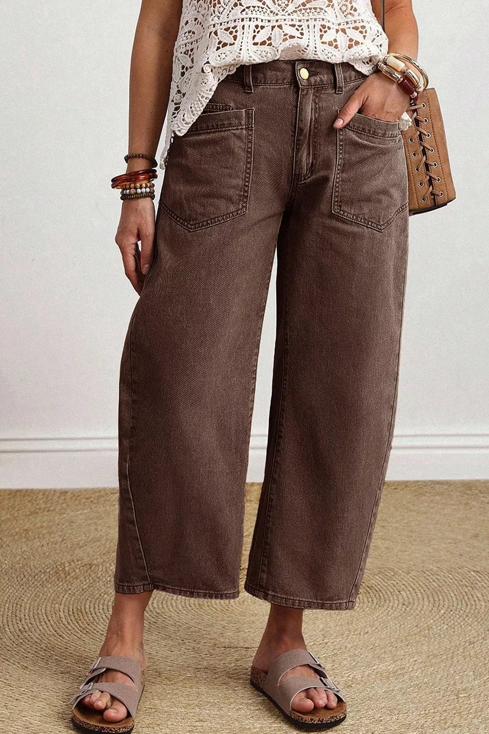 Square Patch Pocket Barrel Jeans in Coffee Brown