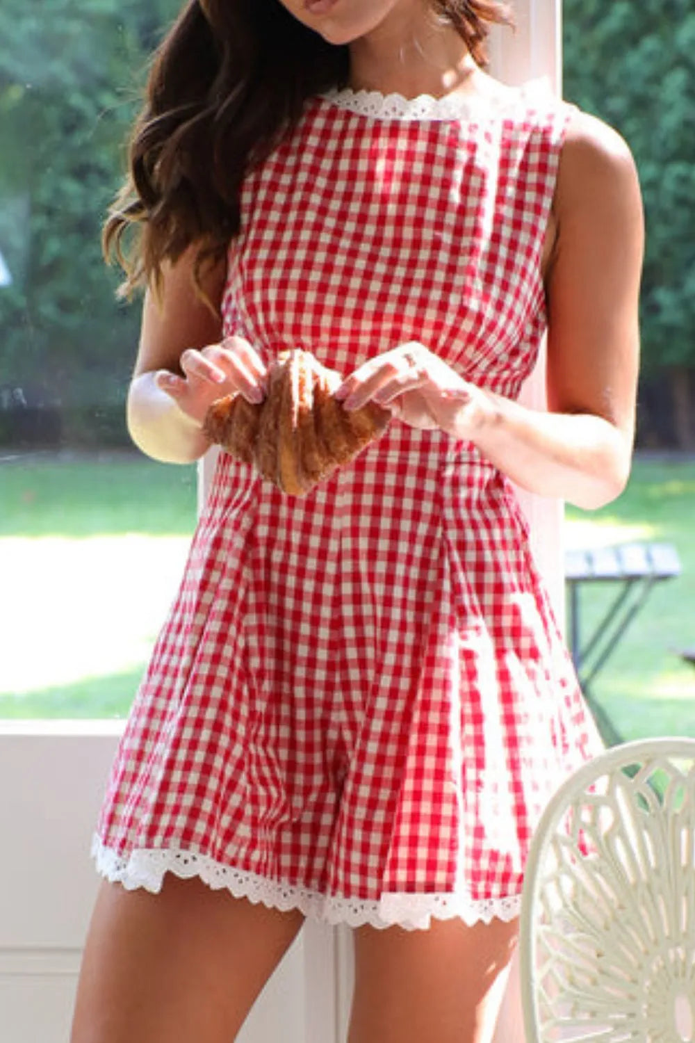 Lace-Detail Plaid Sleeveless Romper