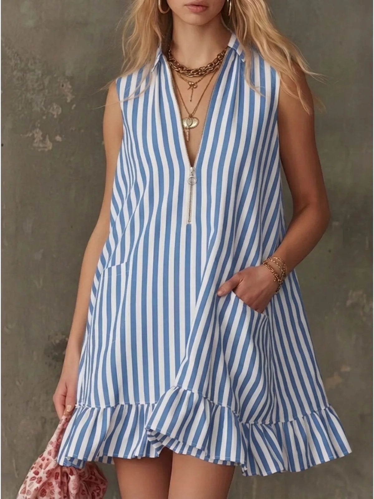 Striped Zipper-Neck Ruffle Hem Dress