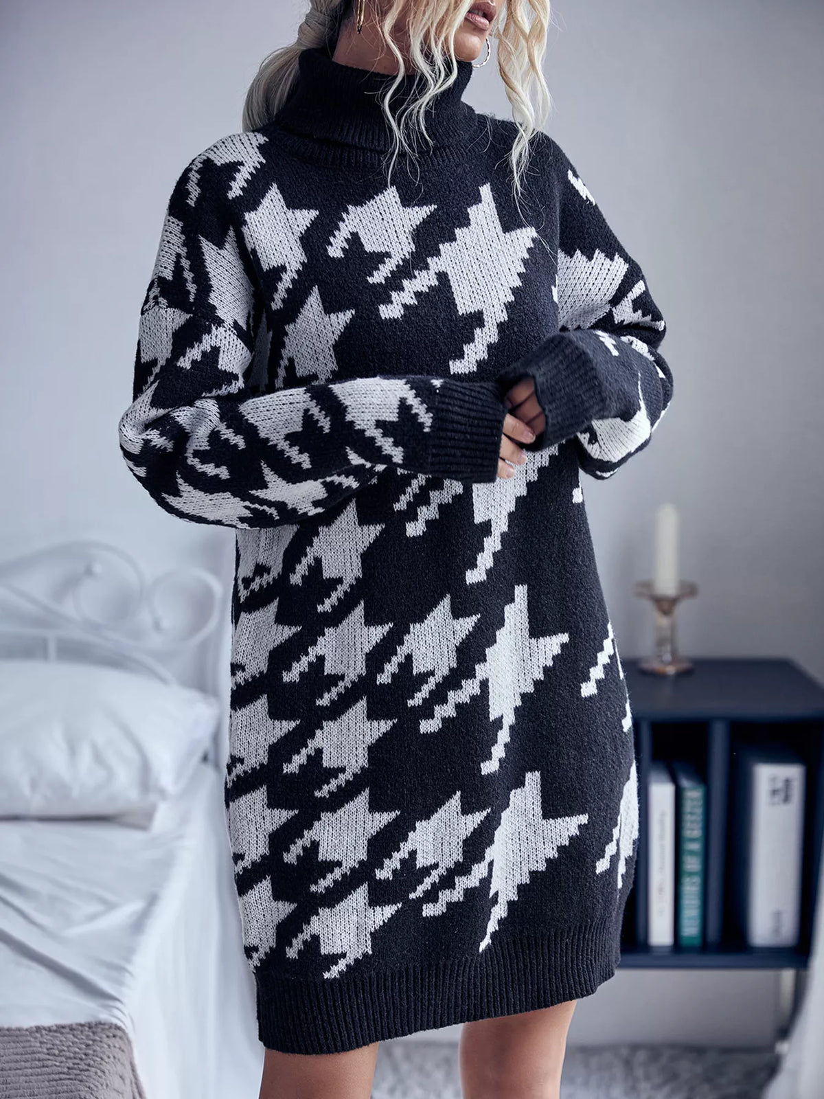 Houndstooth Turtleneck Sweater Dress in Black