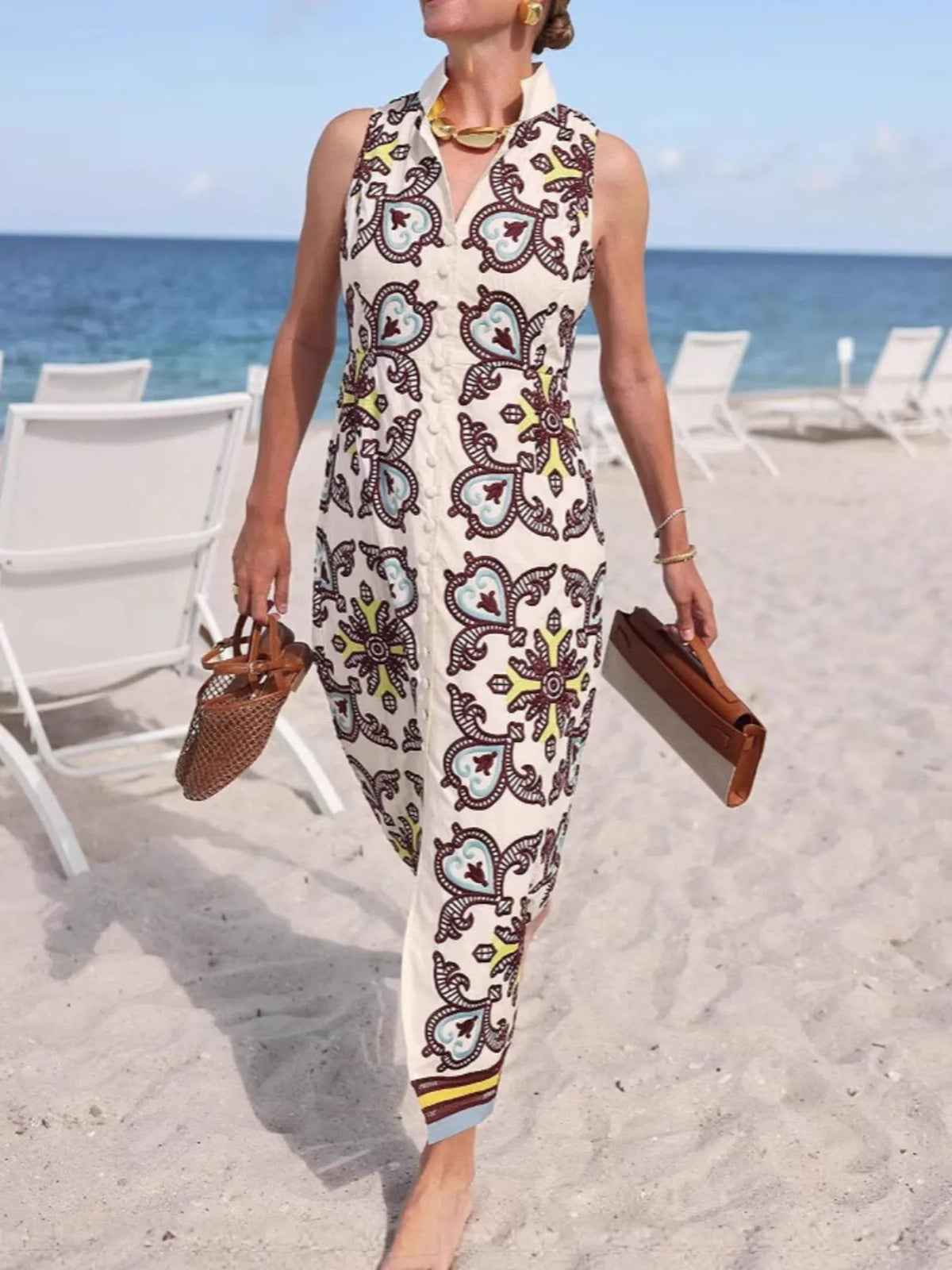 Printed Button-Front Sleeveless Dress in Cream