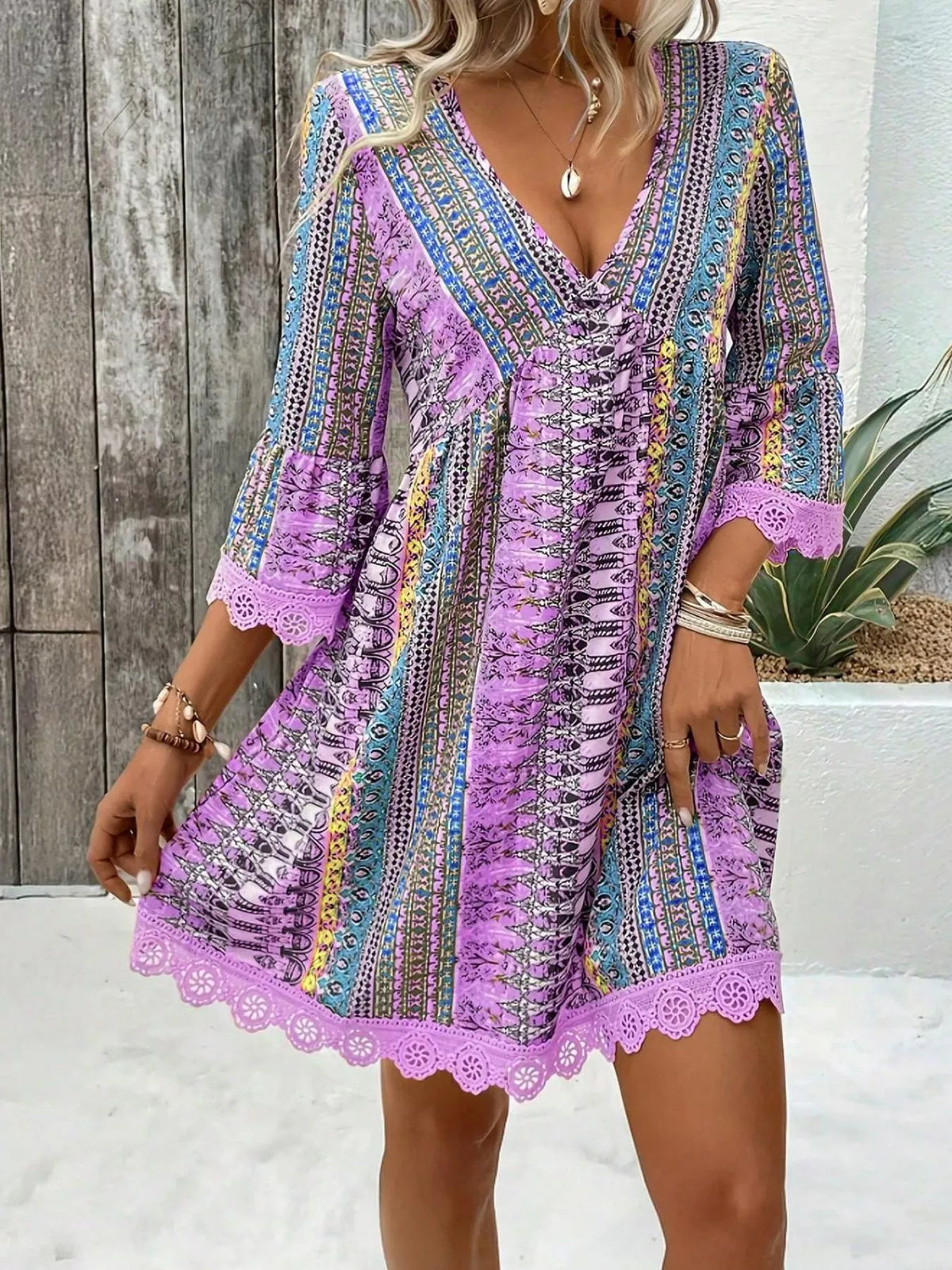 Printed V-Neck A-Line Dress with Lace Detail